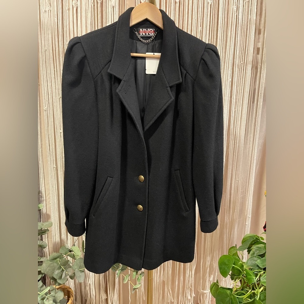Vintage New York Girl Black Wool Coat Puffed Shoulder Gold Button 1980s Size 10
